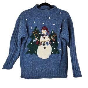 Vintage 90s PBJ Sport Snowman Holiday Sweater Mock Neck Cottage Folk Christmas